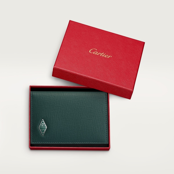 Tarjetero para cuatro tarjetas de crédito, Cartier Losange Piel de becerro graneada verde pino, acabado paladio y esmalte verde pino